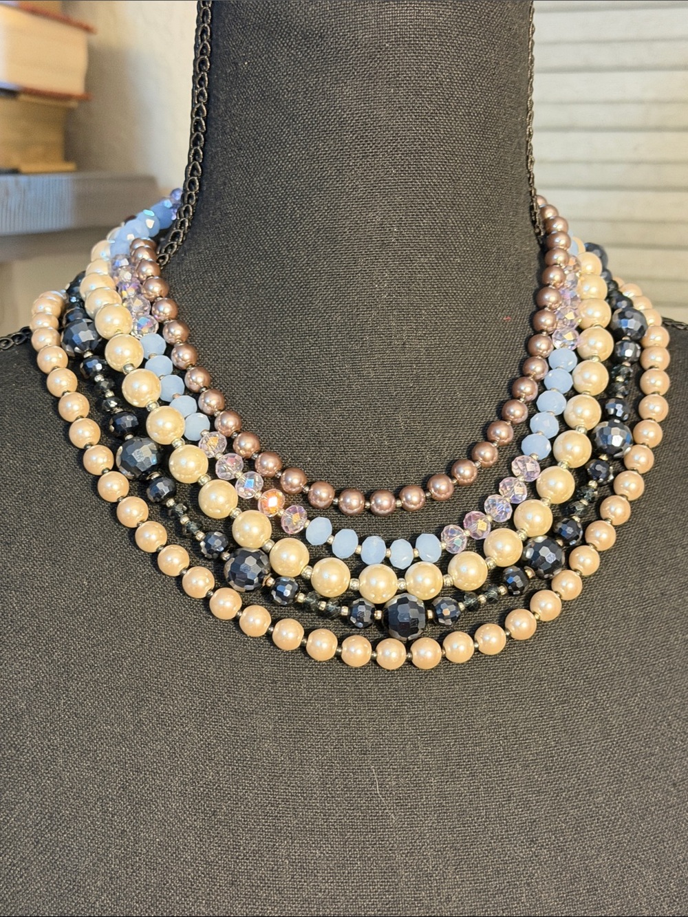 🫶🏼Black house/ white marketMulti-Strand Pearl & Bead Necklace Cream, Black, Blue